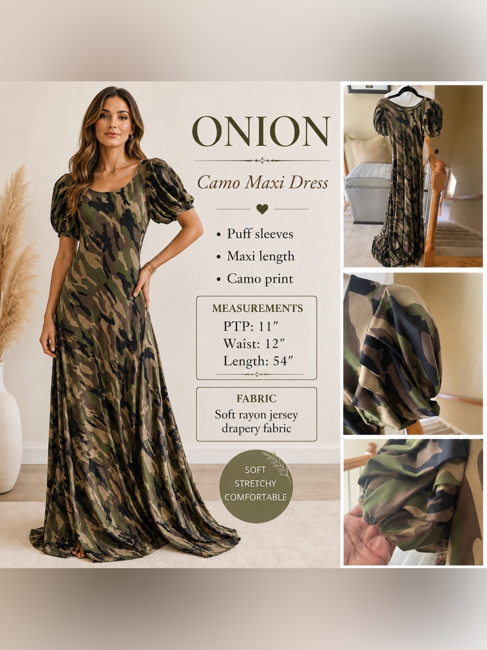Onion Camouflage Puff-Sleeve Maxi Dress - Green Camo -EUC